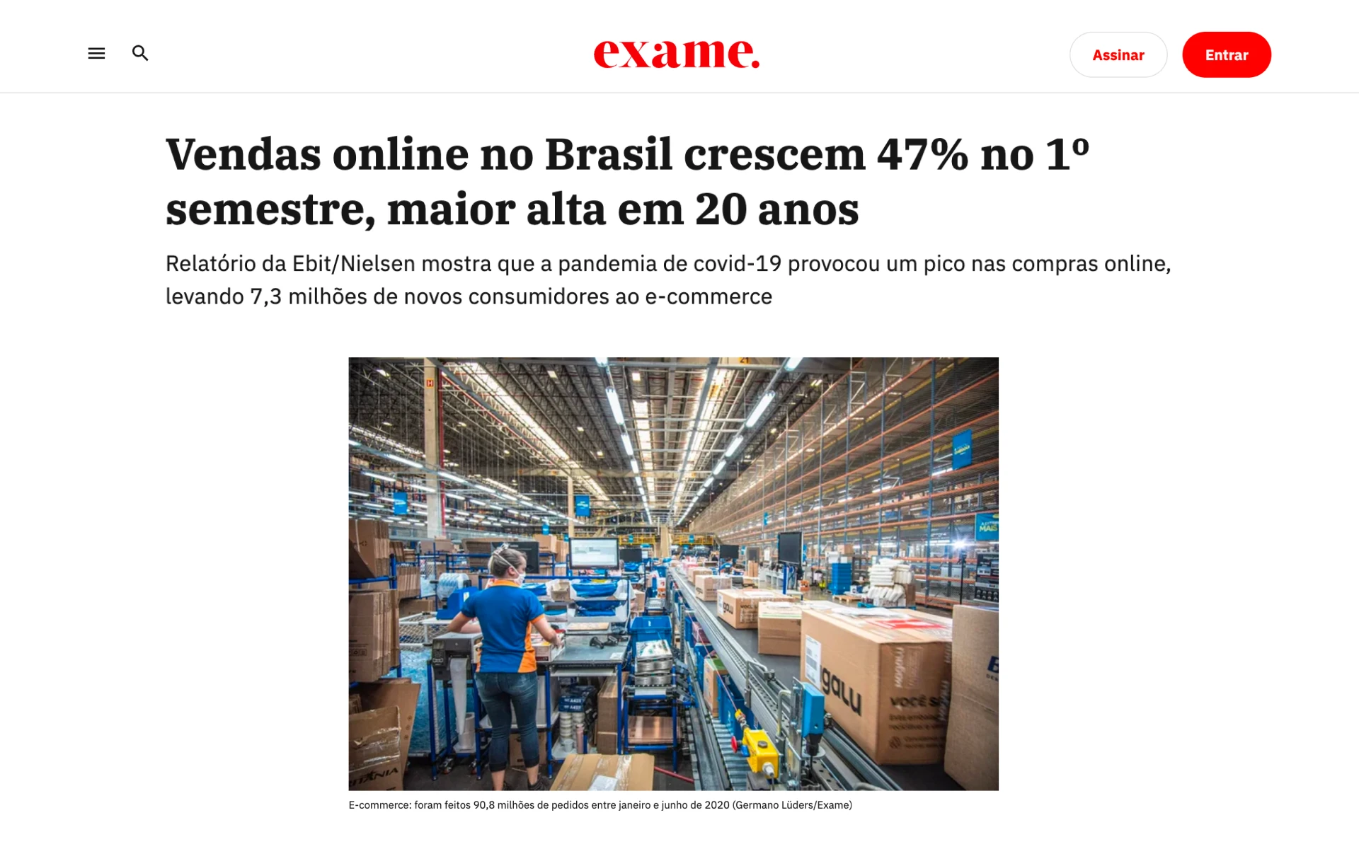 Print da matéria da Exame: vendas online no Brasil crescem 47% no 1º semestre, maior alta em 20 anos