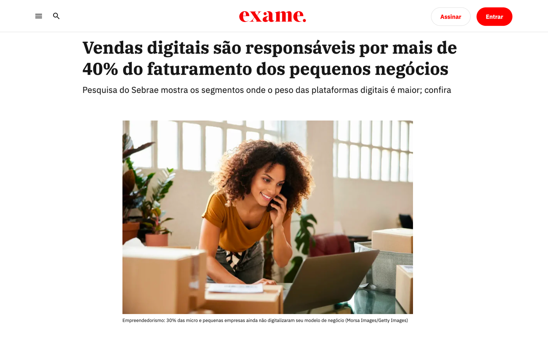 Print da matéria da Exame: vendas digitais são responsáveis por mais de 40% do faturamento dos pequenos negócios